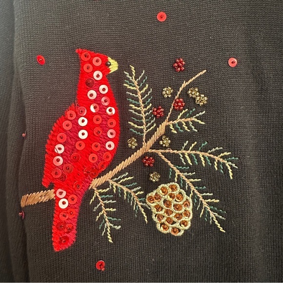 Terrazo Cardigan Sweater Size Large Holiday Cardinal Embroidered Beaded Bird - Picture 4 of 13